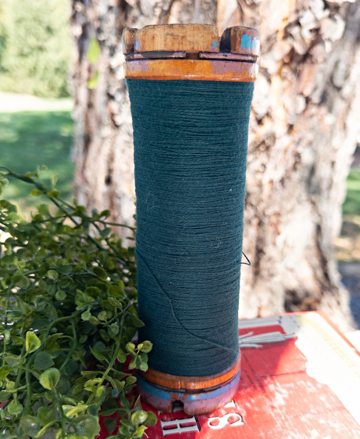 Vintage Wood Textile Bobbin Spool with Green Thread, Industrial Primitive Decor