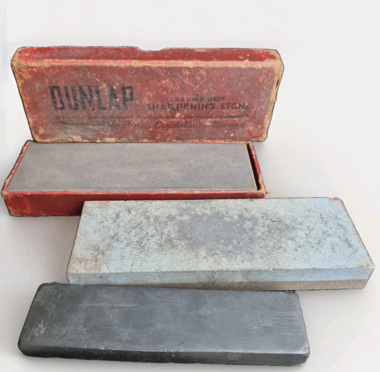 3 Vntg Sharpening Stone Lot Dunlap Sears Boxed Oilstone Bench Knife Hone Chisel