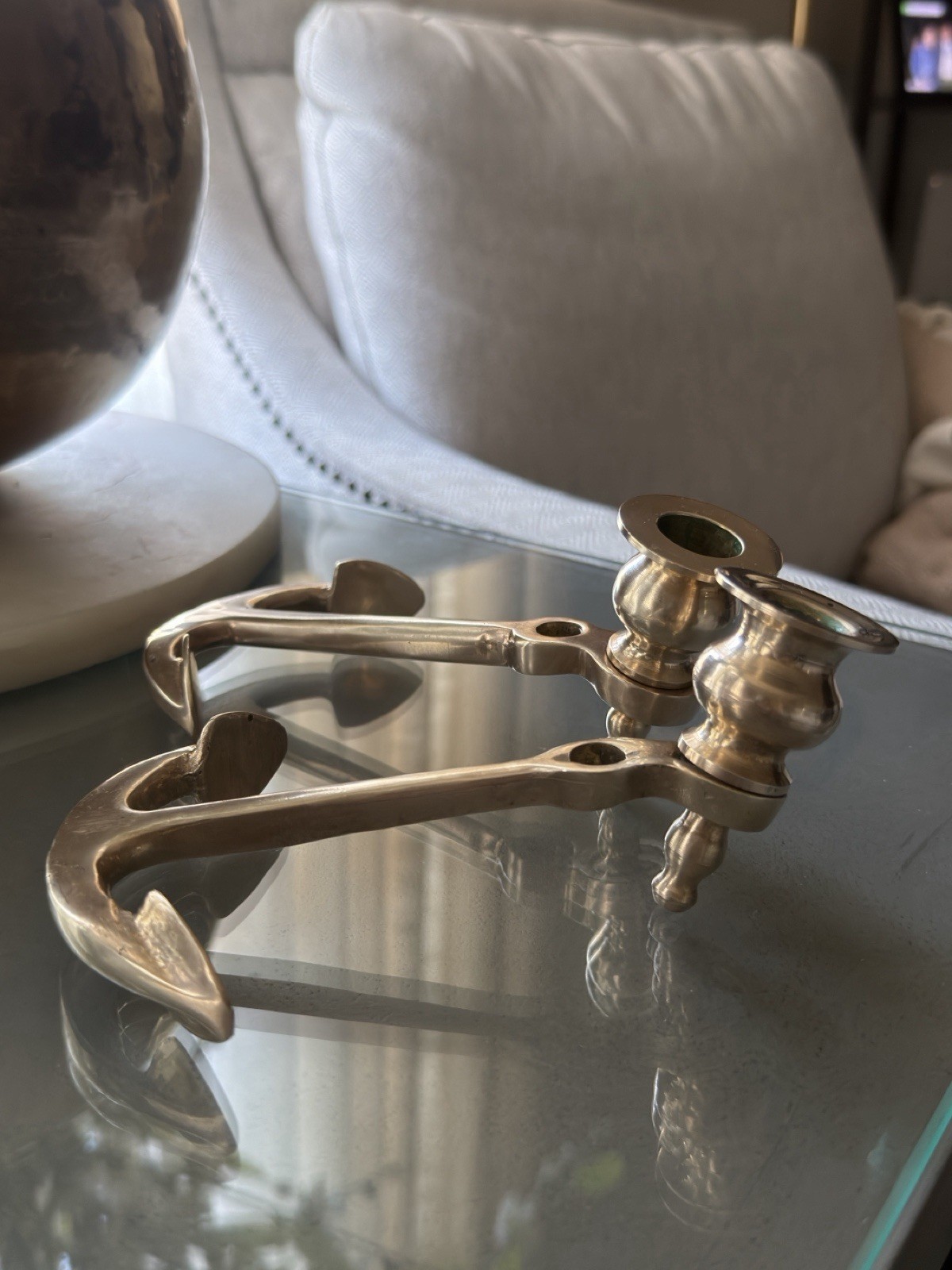 Vintage 1970’s pair of solid brass nautical anchor candles holders