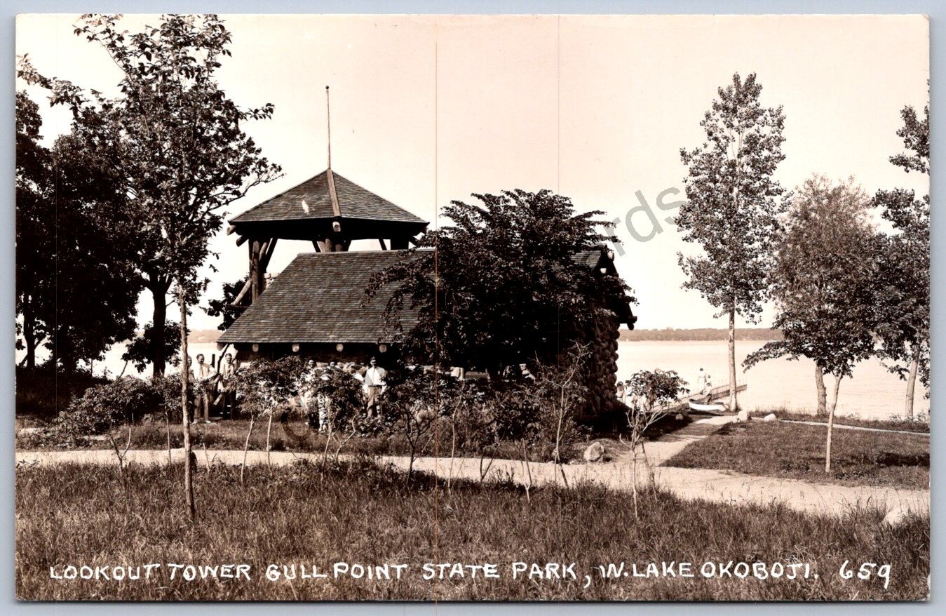 K50/ West Lake Okoboji Iowa RPPC Postcard c30s Lookout Tower Gull Point 248
