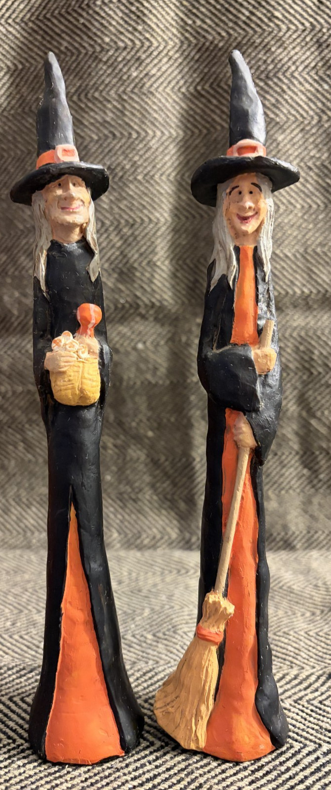 KSA Kurt S. Adler Pencil-Thin Halloween Witch Figurines Pair Primitive Folk Art