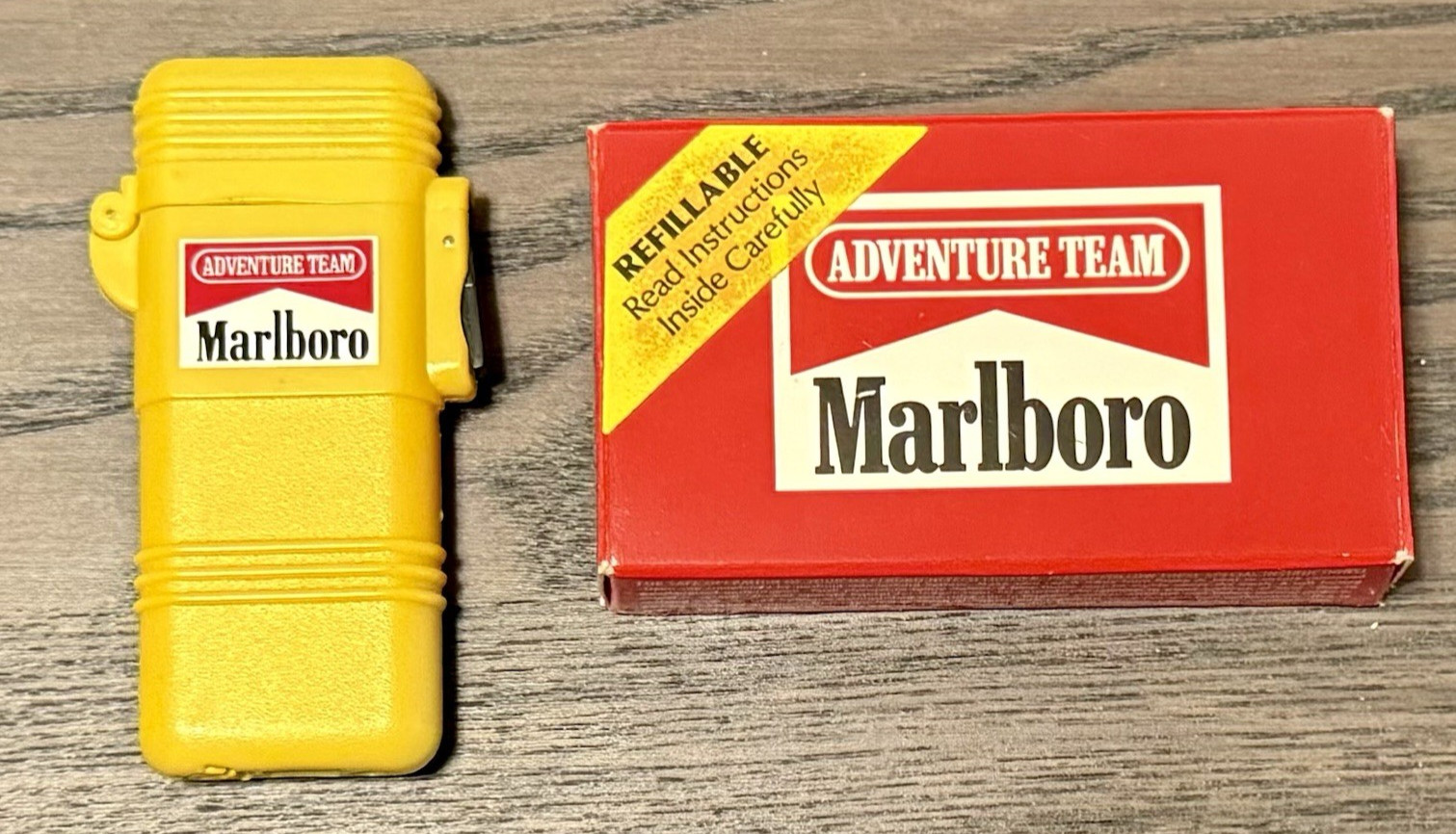 Vintage 1992 Marlboro Adventure Team Yellow Butane Lighter Box Promotional