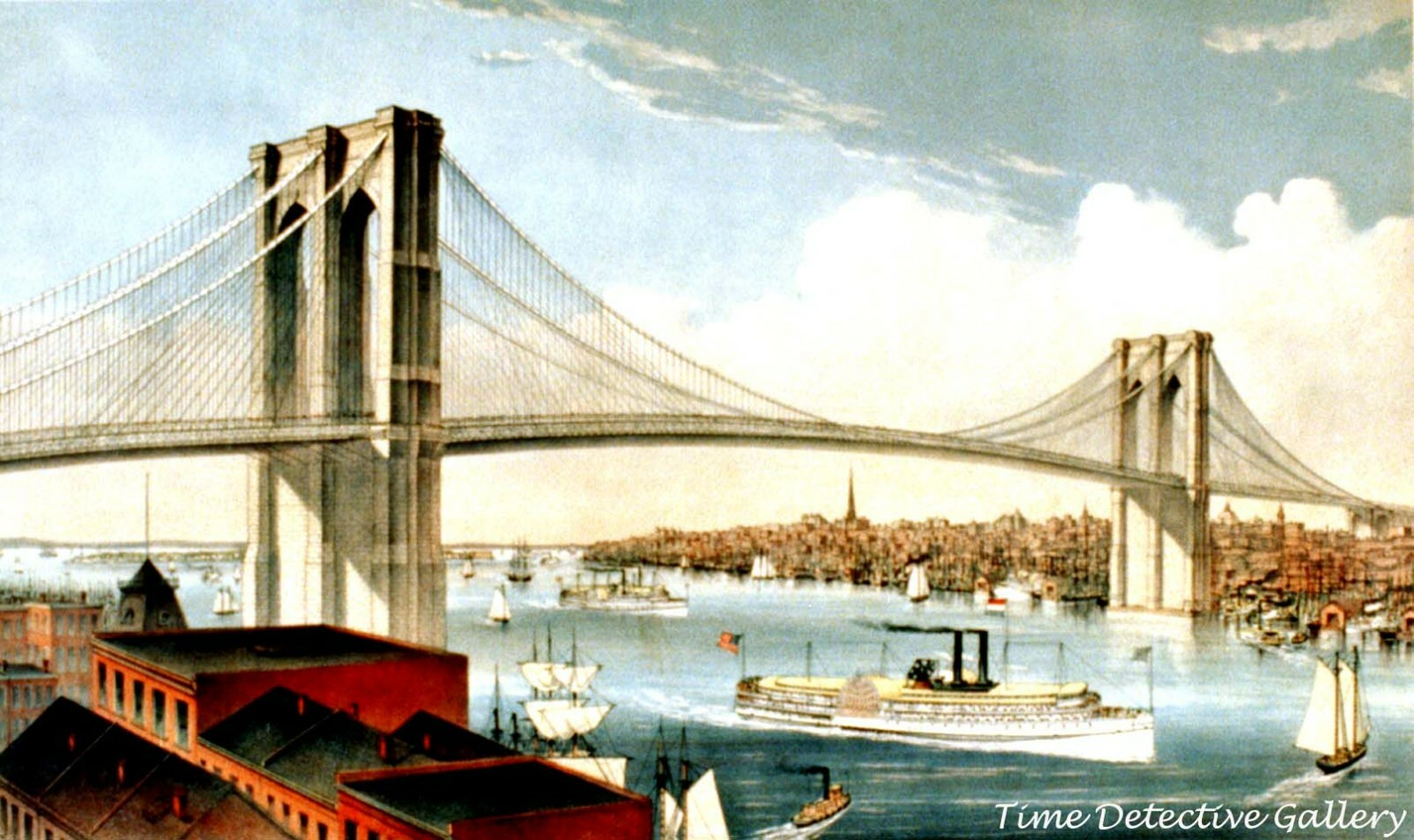 Brooklyn Bridge, New York - 1883 - Historic Lithograph Print