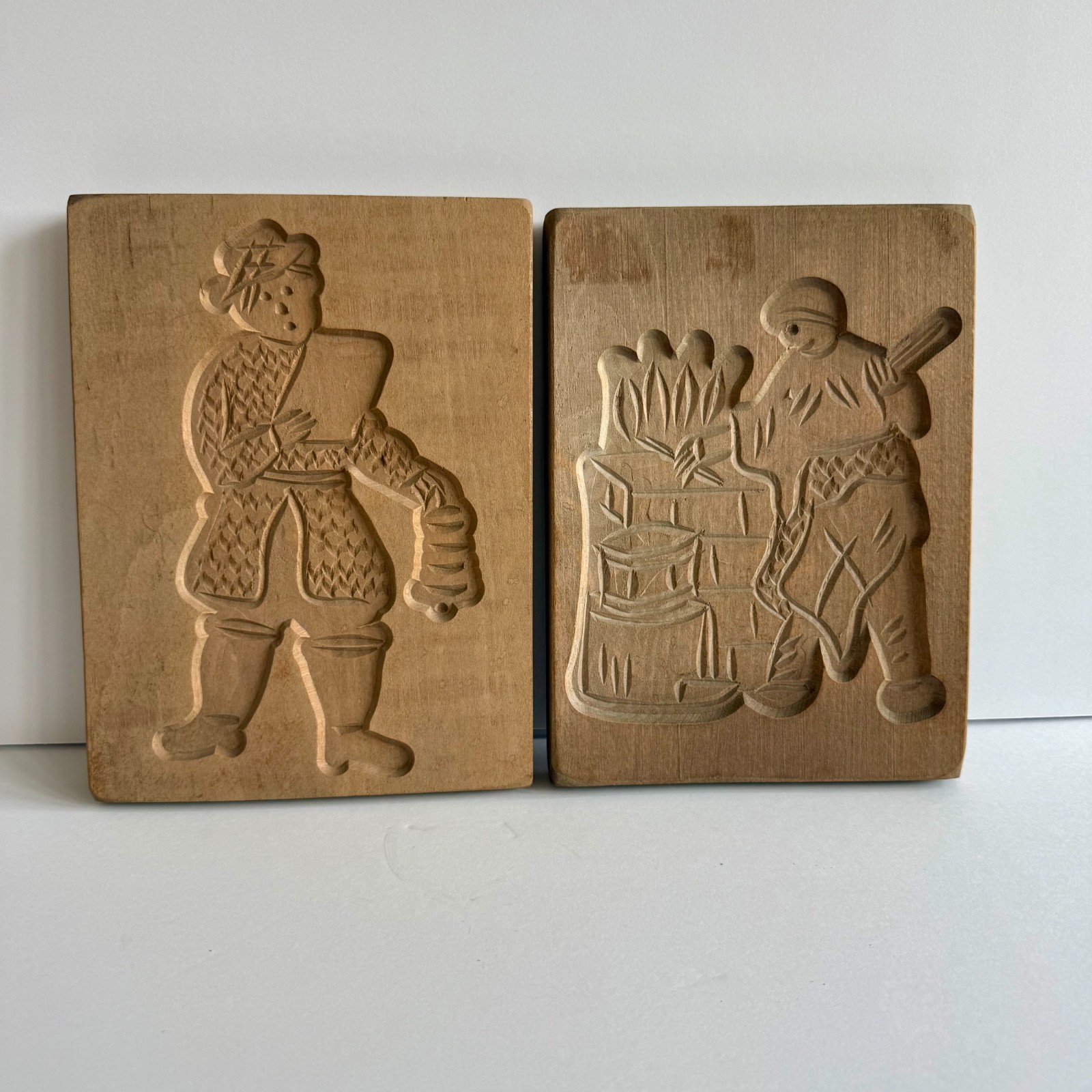 Vintage Dutch Speculaas Molds Set of 2 Hand Carved Wooden Cookie Board Holland