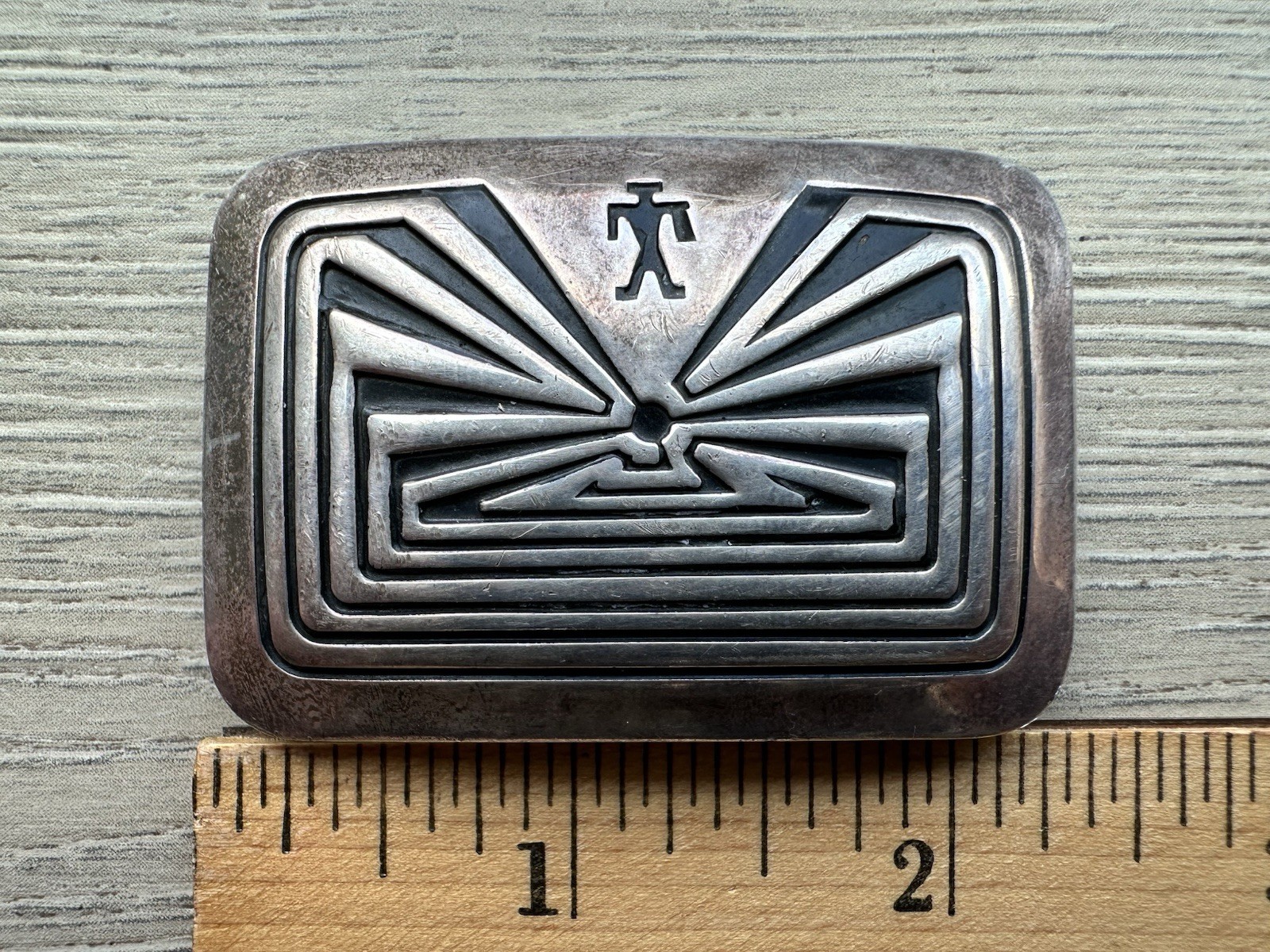 Tohono O\'Ohdam Pima Man-In-The-Maze Design Sterling Silver Belt Buckle W/Belt 37