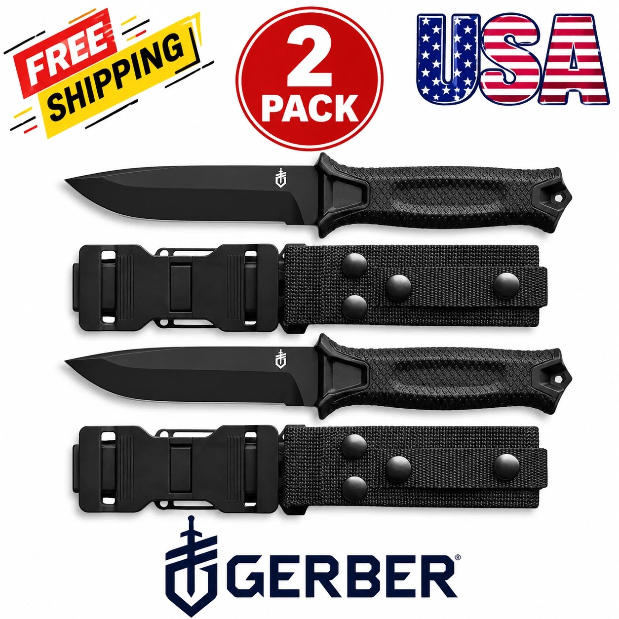 2X Gerber Gear StrongArm Fixed Blade Full Tang Knife Black Serrated Edge New