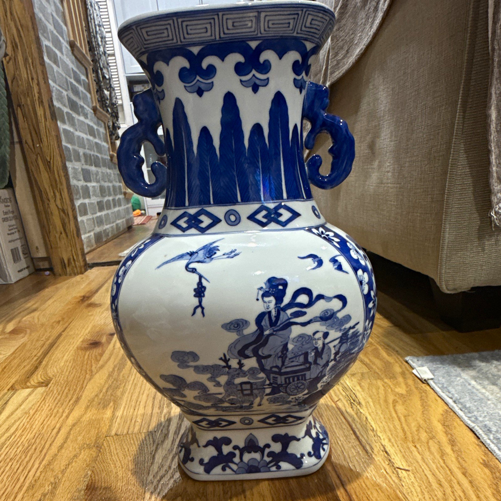Vintage Blue and White Chinoiserie Porcelain Vase Ornate Ruyi Handles Crane