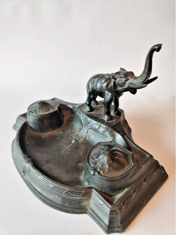 Antique Elephant Double Inkwell Desk Set – 1930s European Art Deco Style Rare