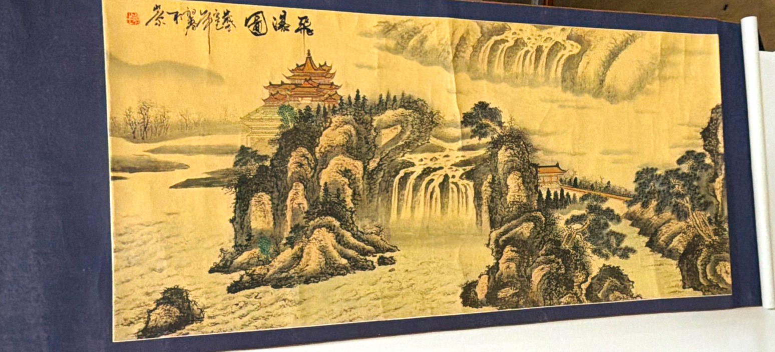 Chinese Landscape Hanging Scroll Painting w/ Calligraphy, Red Seals 65inches