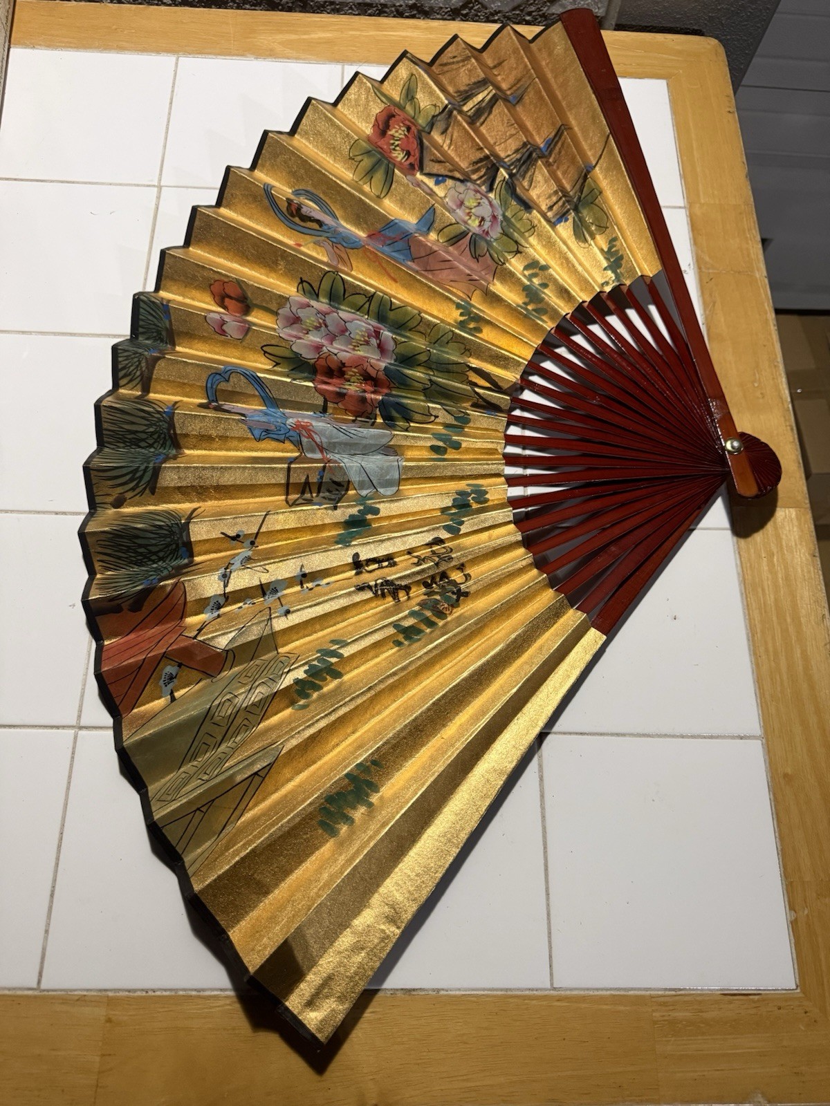 Vintage Asian Folding Fan 20” Gold Geisha Floral Wall Decor With Box