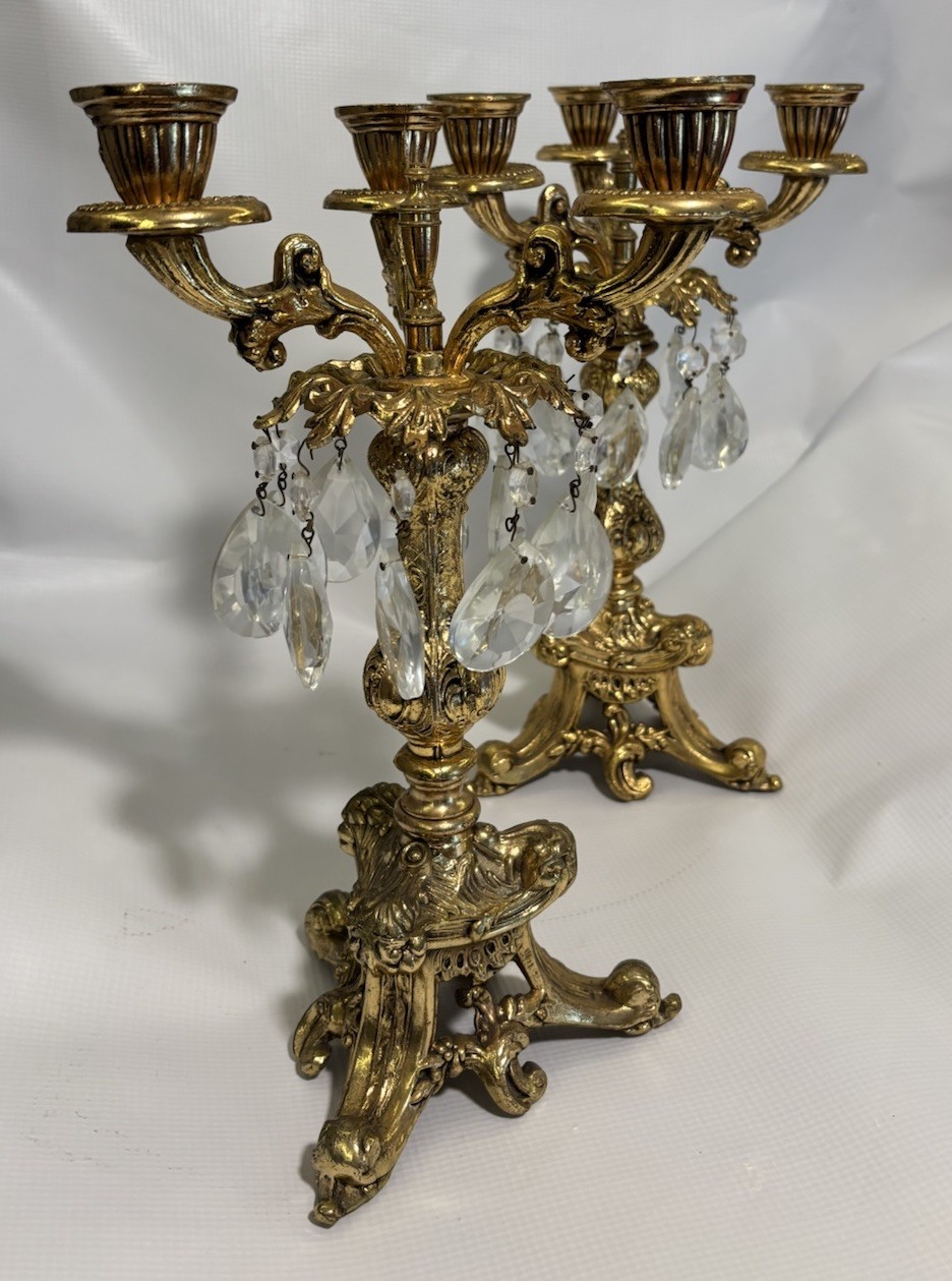 Antique Pair Rococo Revival Baroque Style Brass Crystals 3 Arm Candelabras #5217