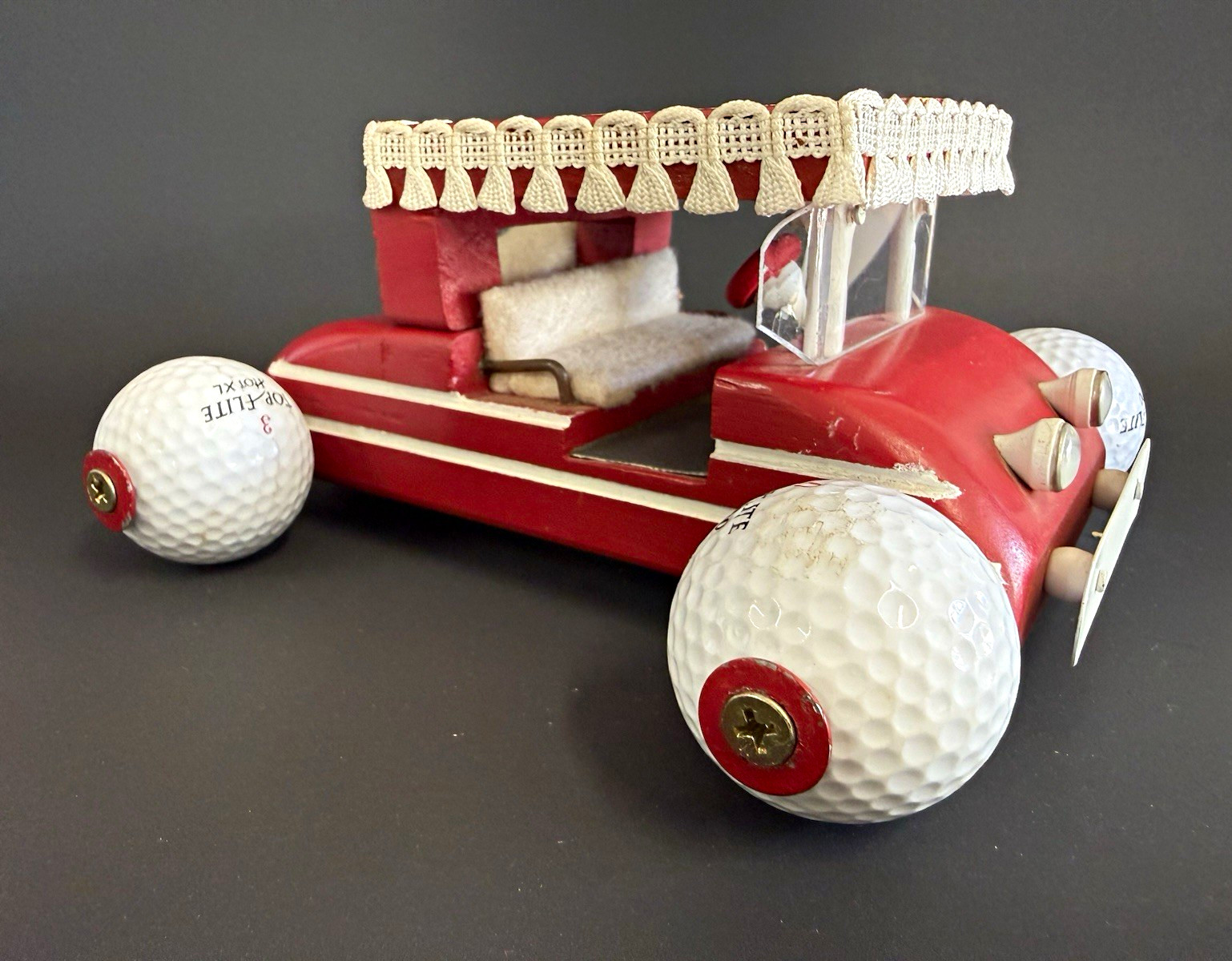 Vintage Handmade Wood Golf Cart Folk Art Top Flite Golf Ball Wheels 7” Decor