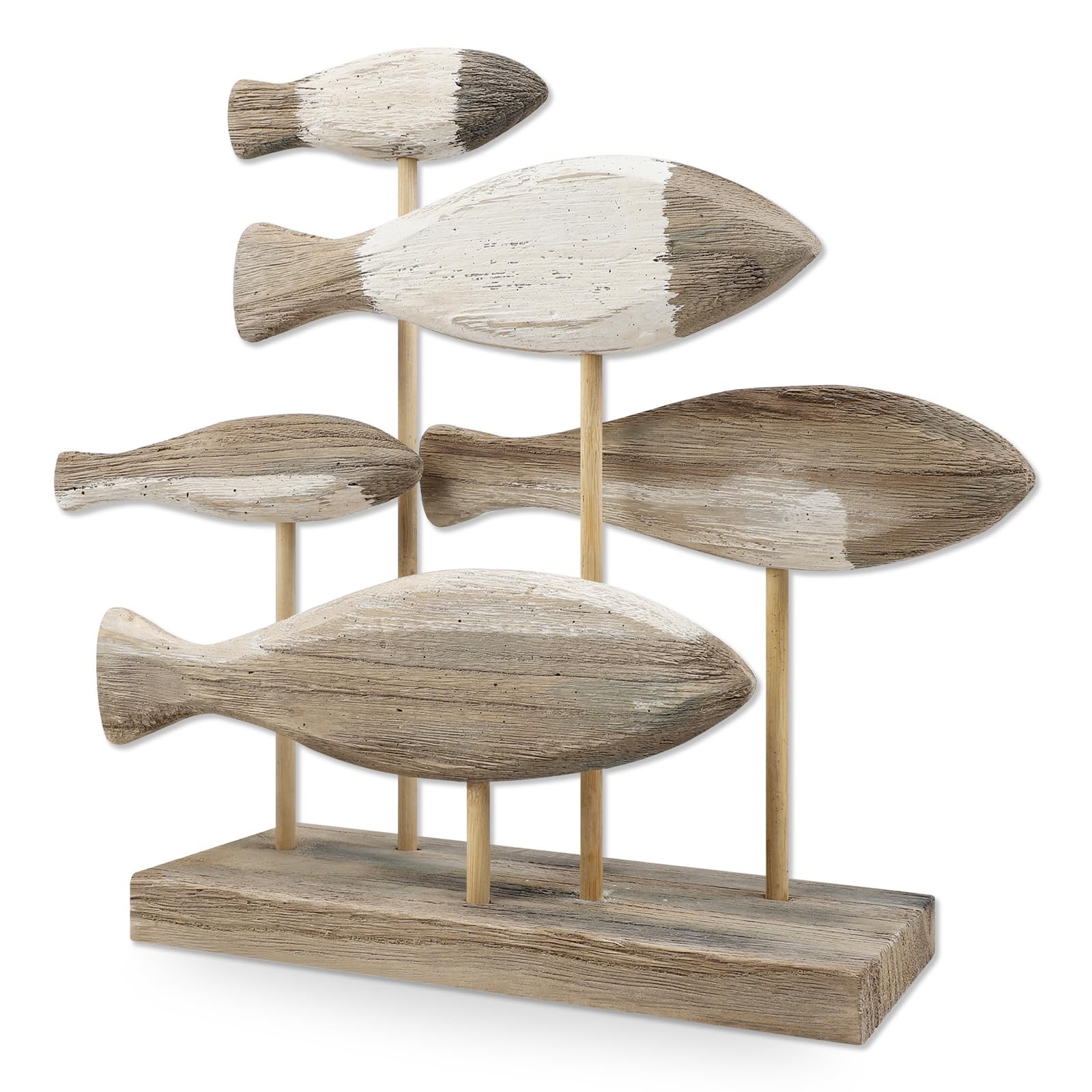 Wooden Shoal of Fish Figurines Fish Sculpture Statues Table Decor Sign Rustic...