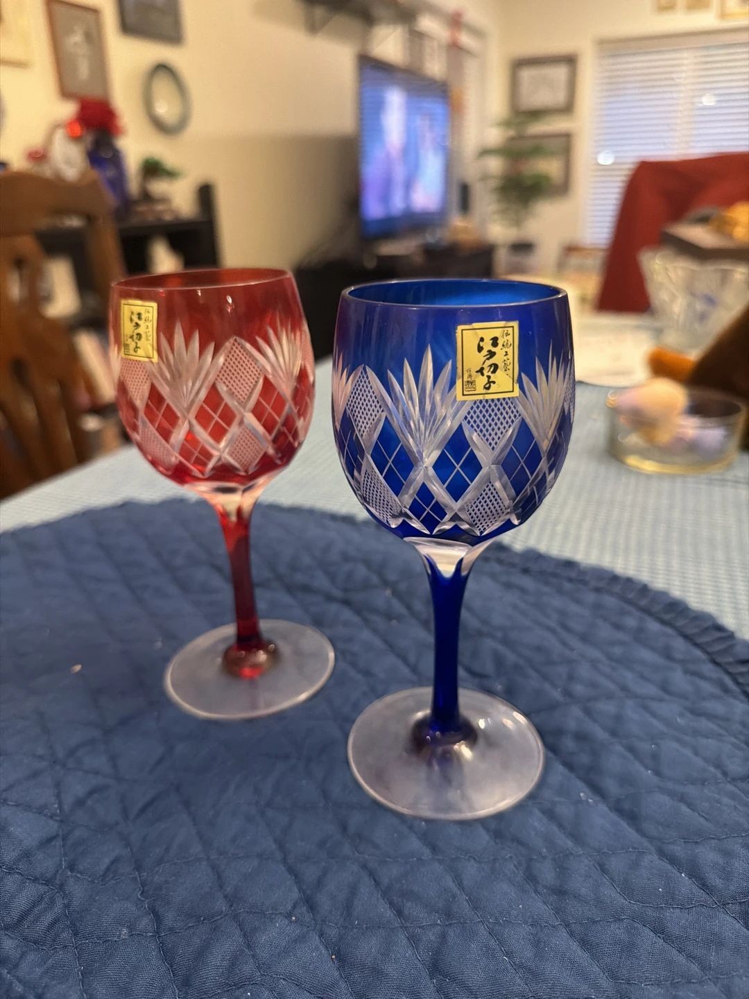 Pair of Japanese Edo Kiriko Cut Glass Wine Glasses in Red and Blue