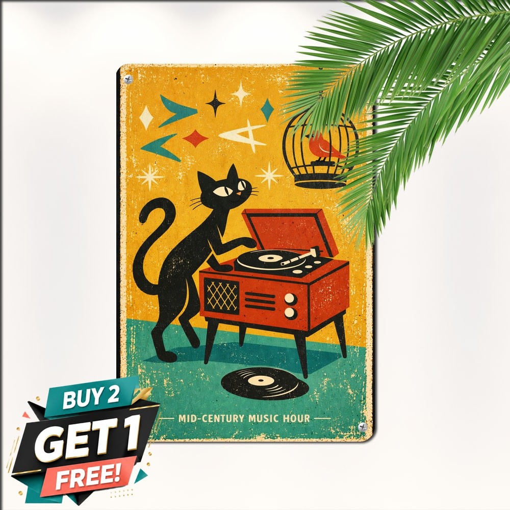 Mid Century Modern Atomic Cats Metal Tin Sign Retro Home Wall Decor 8x12