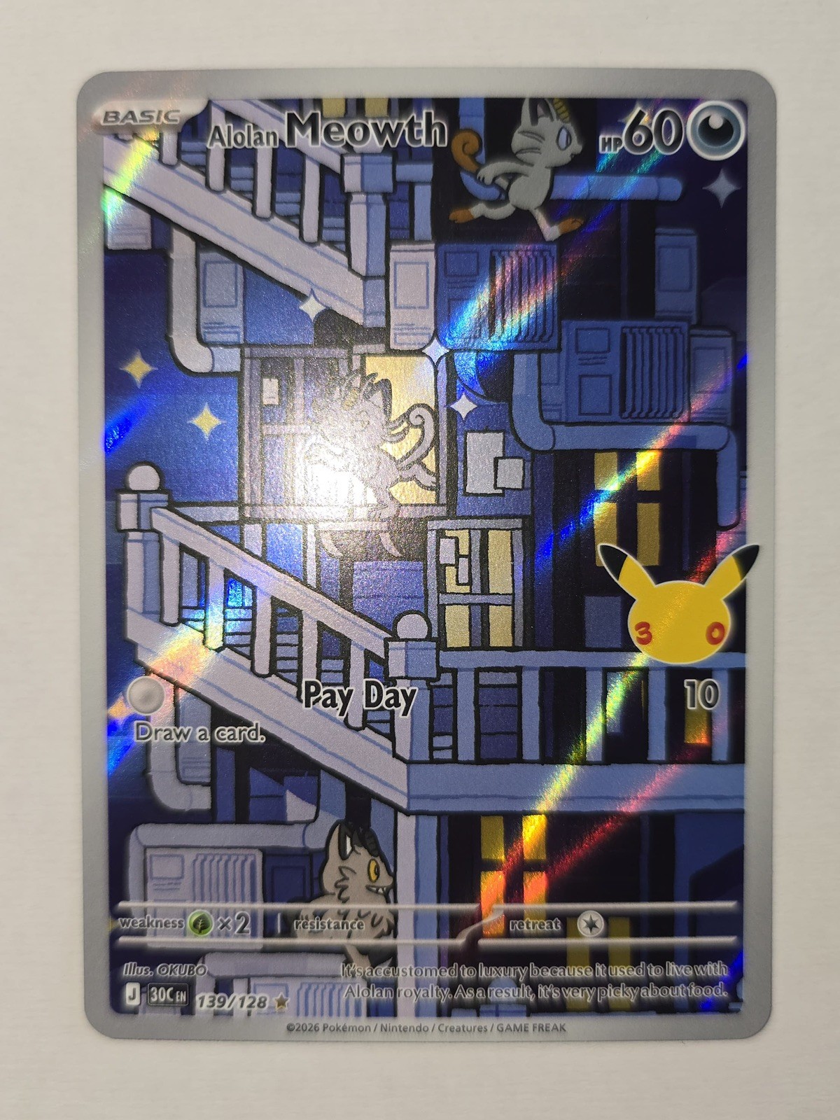 Alolan Meowth 139/128 30th year celebration Illustration Rare Holo Pokémon TCG