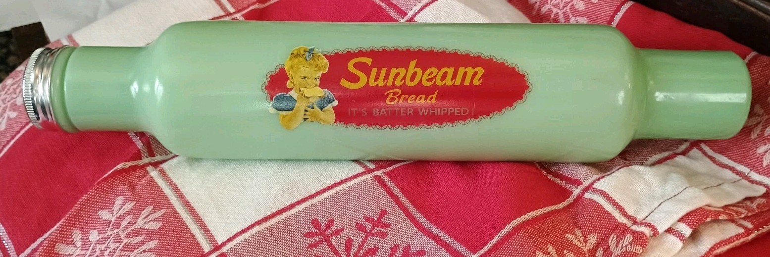 Jadite Rolling Pin W/;sunbeam Bread Advert Logo Never Used Just Displayed