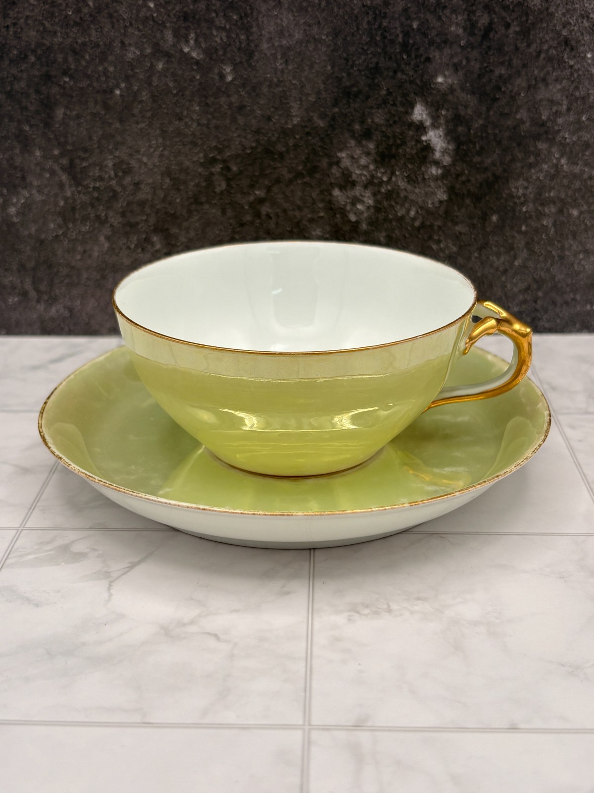 Antique Old Paris Porcelain Teacup Saucer G.B. Brevete Haughwout NY Green Luster