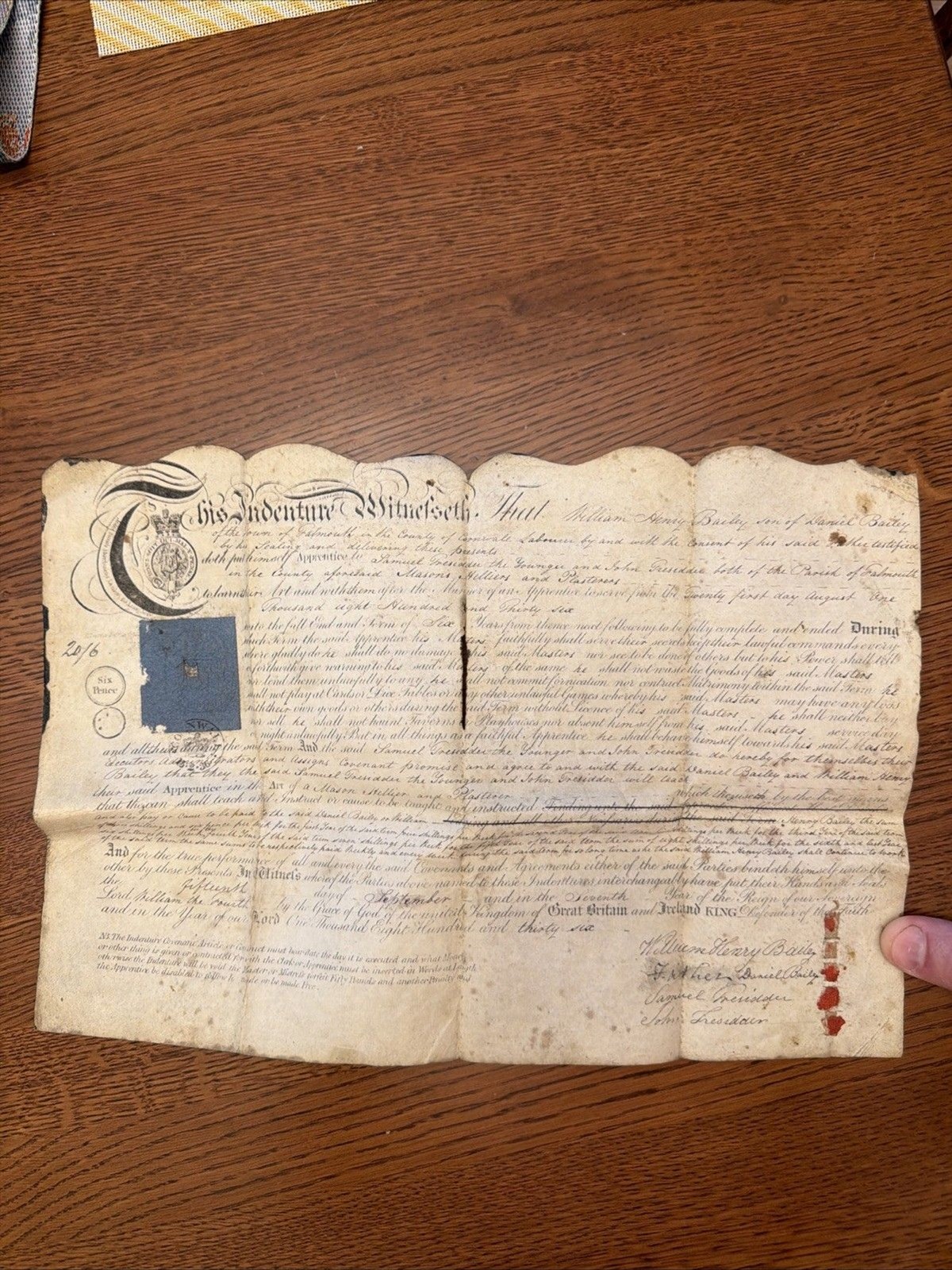 Antique 1837 British Apprenticeship Letter from the reign of William The Fourth