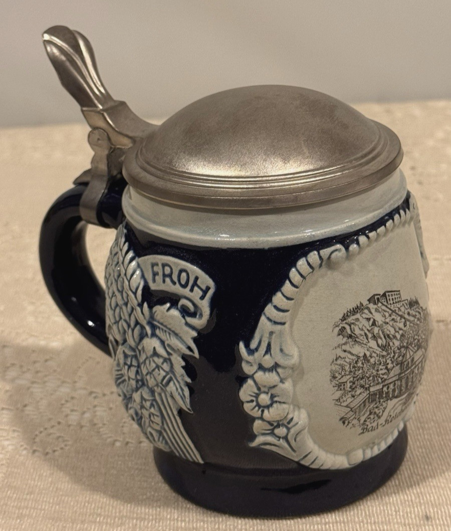 Rare Vintage German Beer Stein Mug Cobalt Blue w/Pewter Lid \