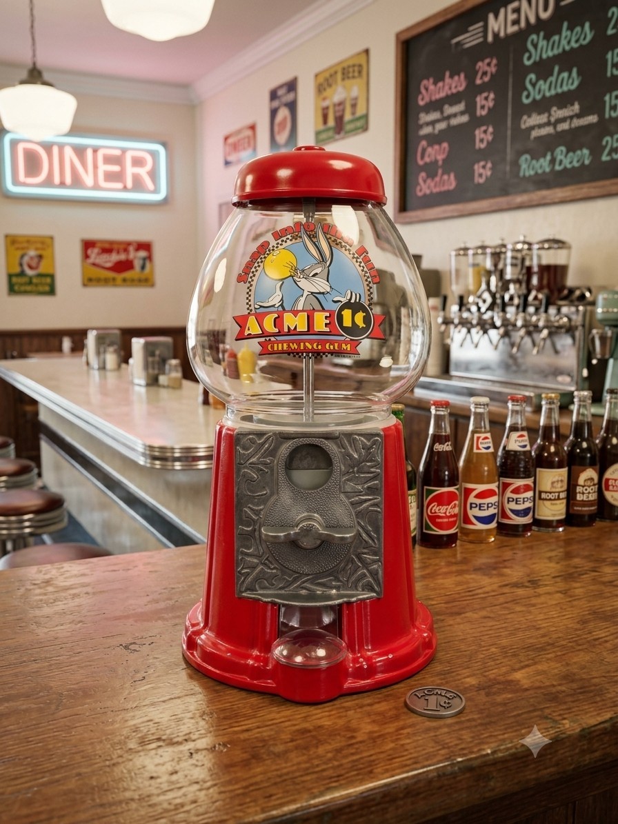 Vintage 1993 Bugs Bunny ACME Gumball Machine Red Cast Metal Glass Looney Tunes
