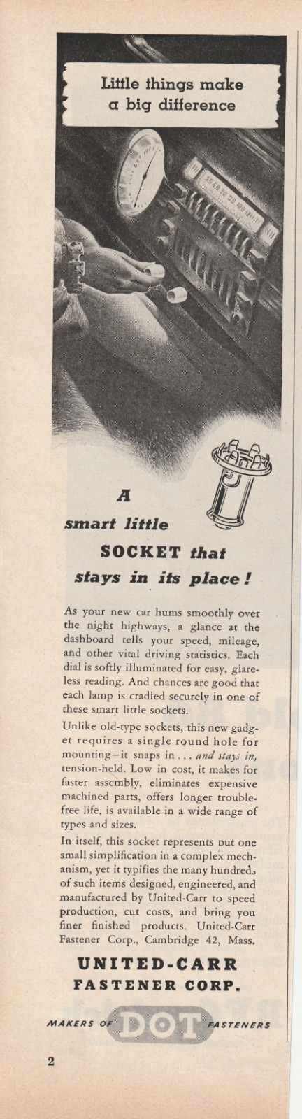 United carr fastener Corporation makers of D O T fasteners 1949 Print ad 501