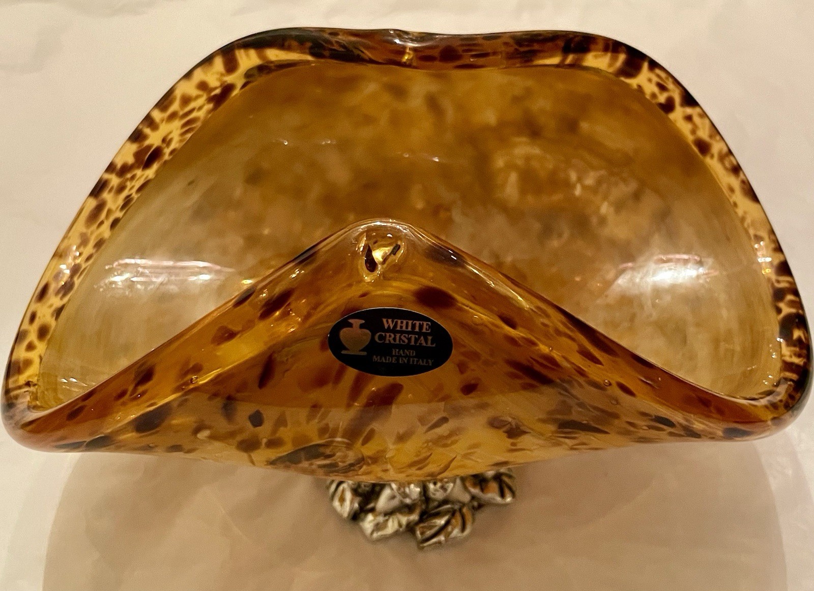 Murano Glass White Cristal Amber Spots Napkin Holder Center Piece With Base VTG