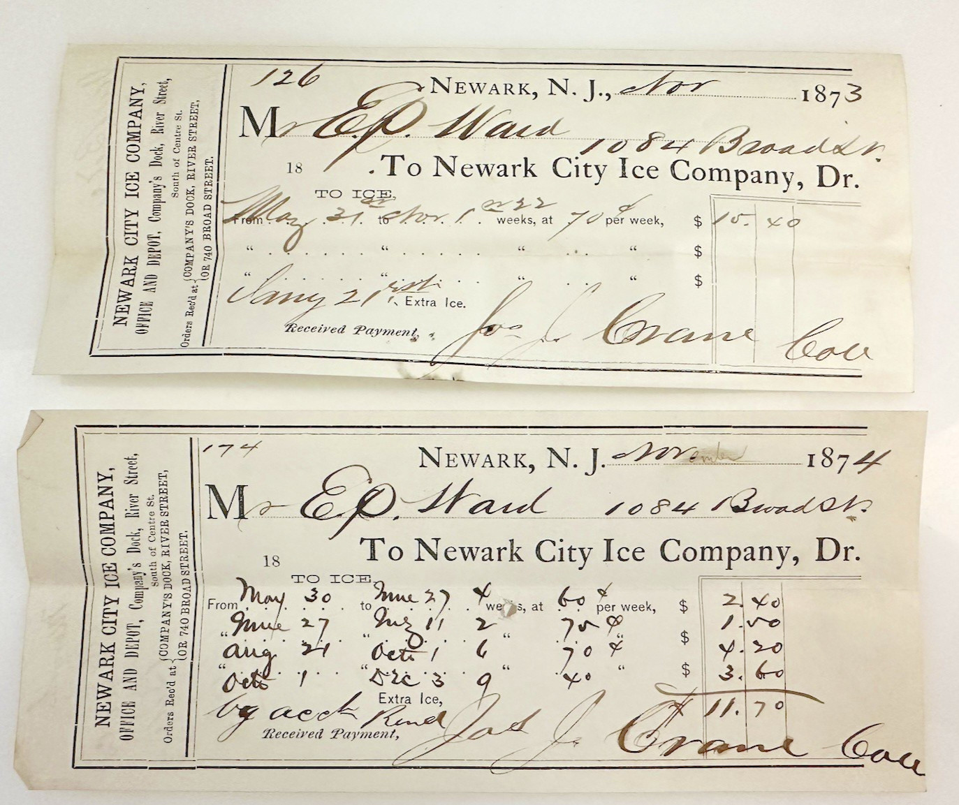 Newark City Ice Company New Jersey Antique Delivery Paper Receipt 1873/74