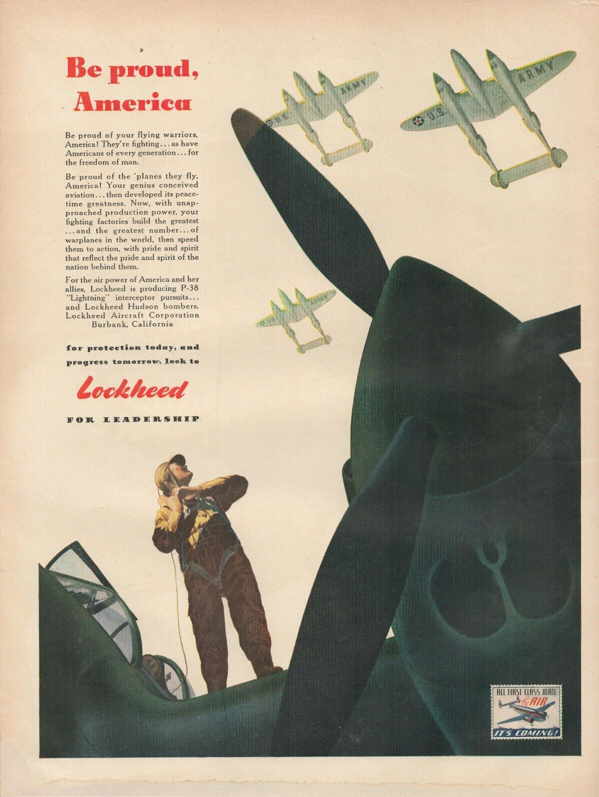 1942 Lockheed Aircrafts Be Proud America Leadership Hudson Bombers Print Ad