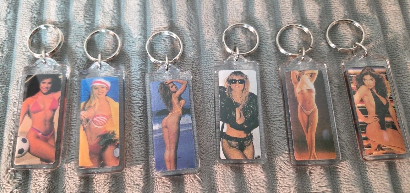 NOS Set of 6 Pinup Sexy Double Sided Girl Woman Acrylic Keychains Beach Model