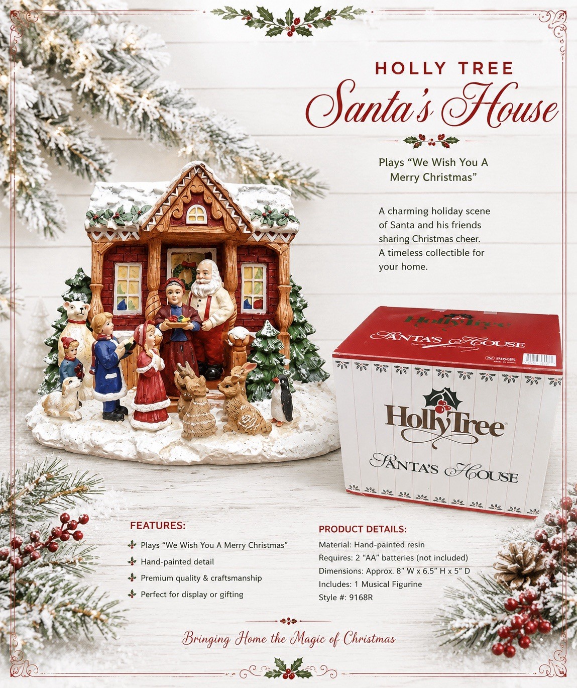 Holly Tree Santa's House Christmas Village Display W/ Working Music Box Vintage