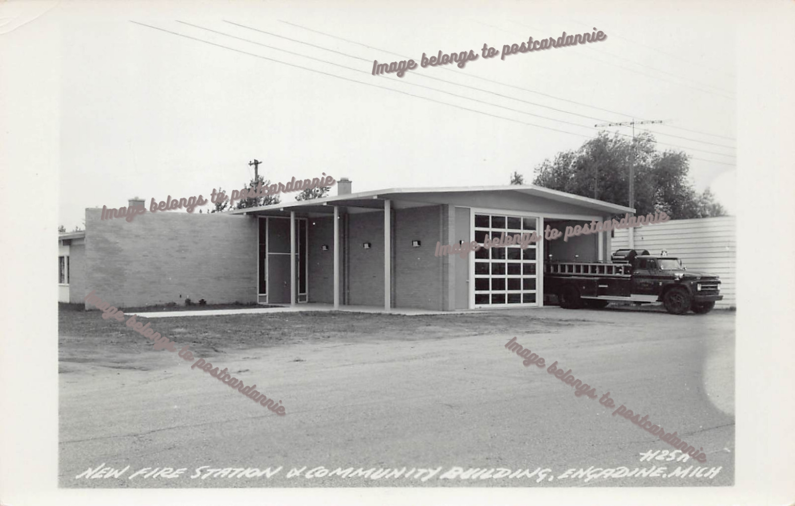 RPPC Engadine Michigan Fire Station Truck Garfield City Hall Photo Postcard A50