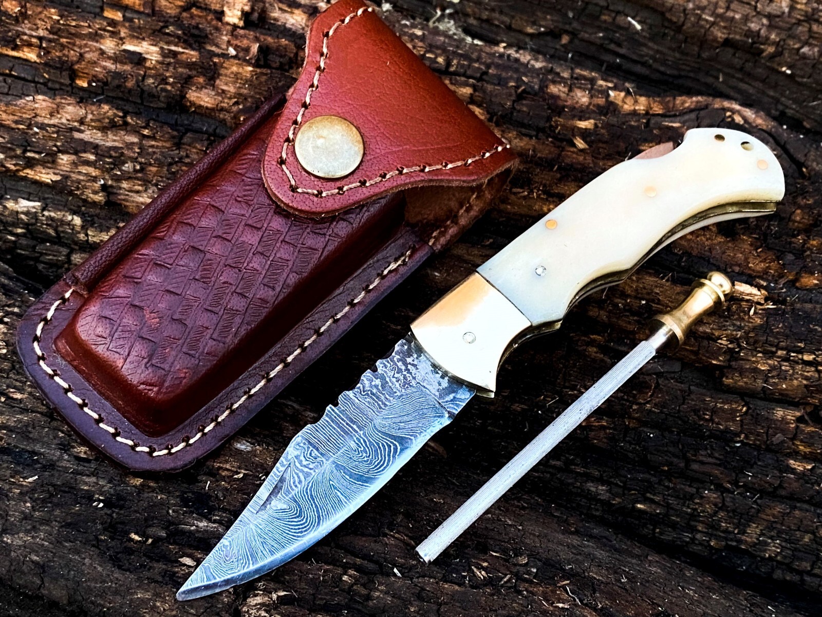 SHARD™ CUSTOM HAND FORGED Damascus Steel Lock Back Folding Pocket Knife W/Sheath