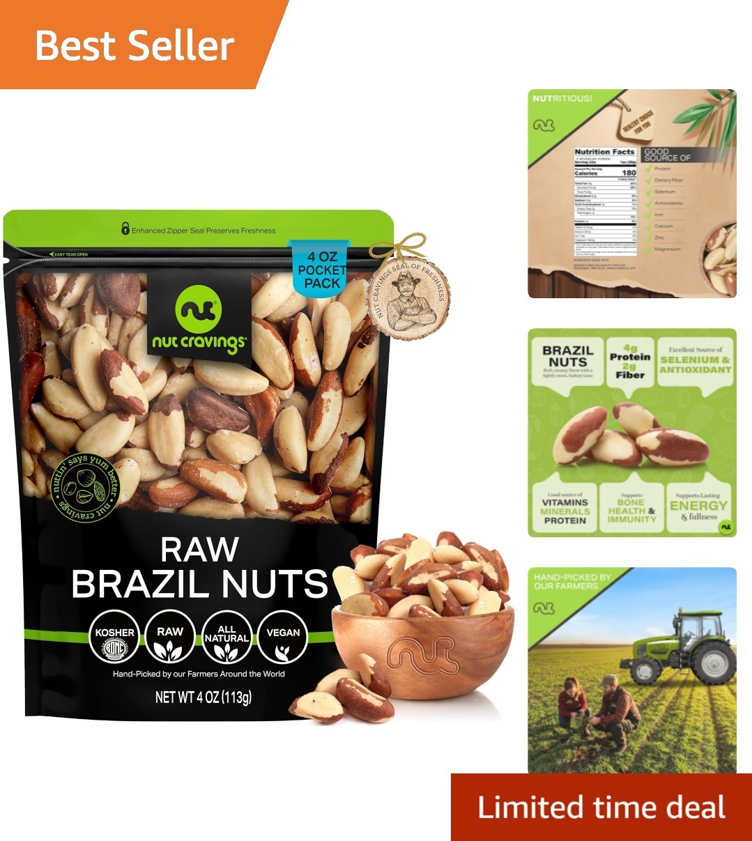 Fresh 4oz Raw Brazil Nuts - Kosher Certified, Whole No Shell, Vegetarian Treat