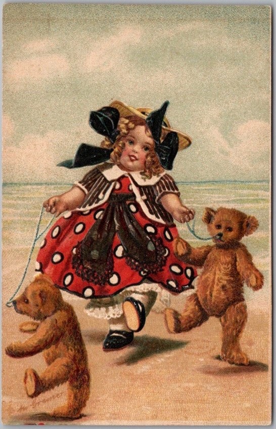 c1910s Artist-Signed M. GREINER Embossed Postcard Girl w/ Teddy Bears / Beach