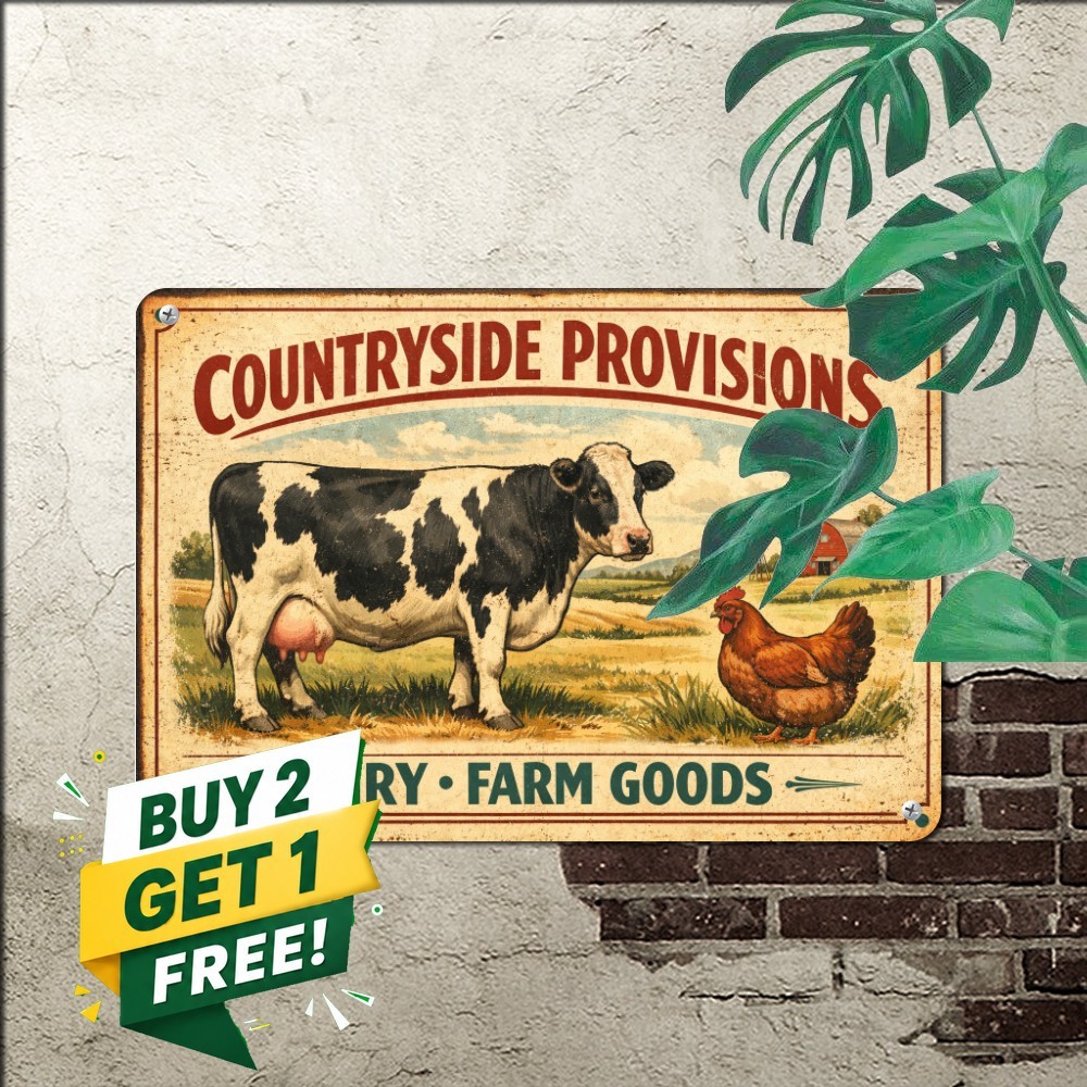 Farm Fresh Rooster Cow Tin Sign Retro Barnyard Animals Kitchen Wall Decor