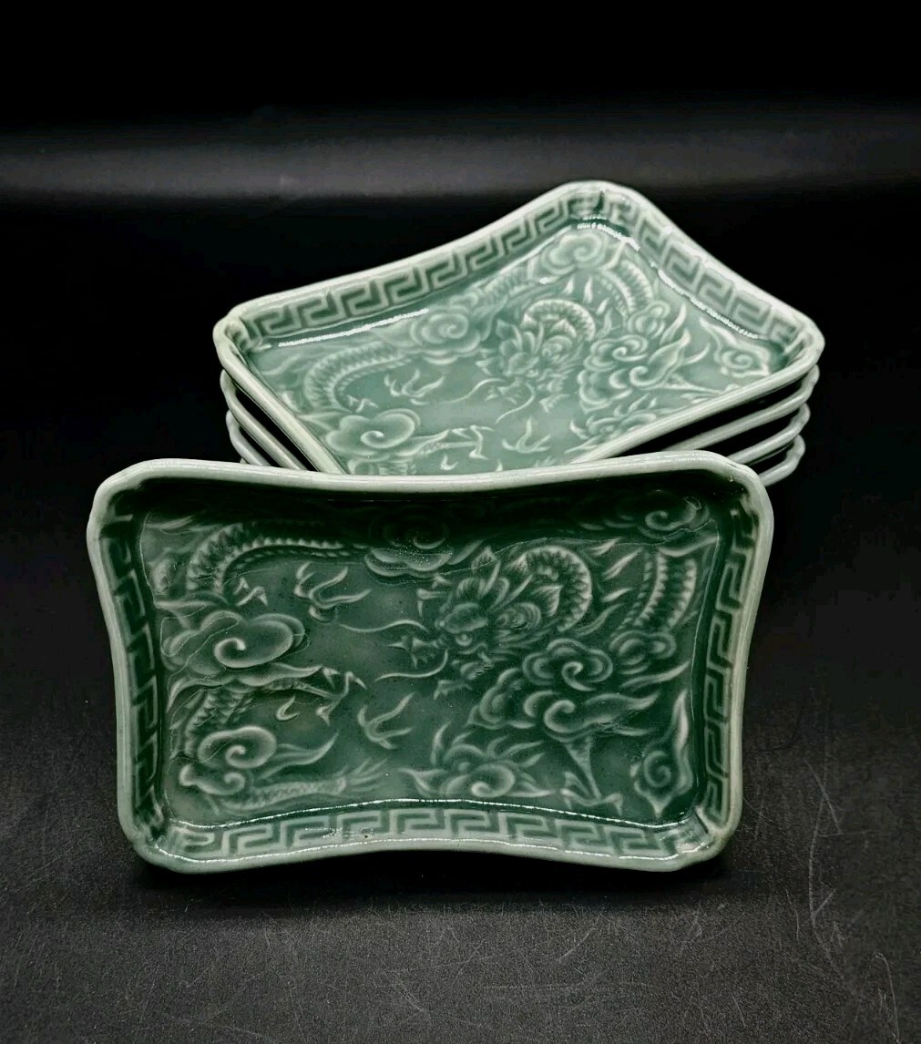 5 Vtg Japan Arita Ware Nabeshima Celadon Dragon Clouds Rectangular Plates 6¾x4¾