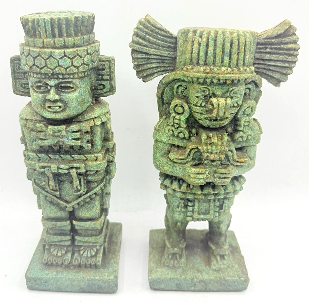 Vtg Aztec Mayan Style Heavy Carved Stone Figures Green Patina Mesoamerican (2PC)