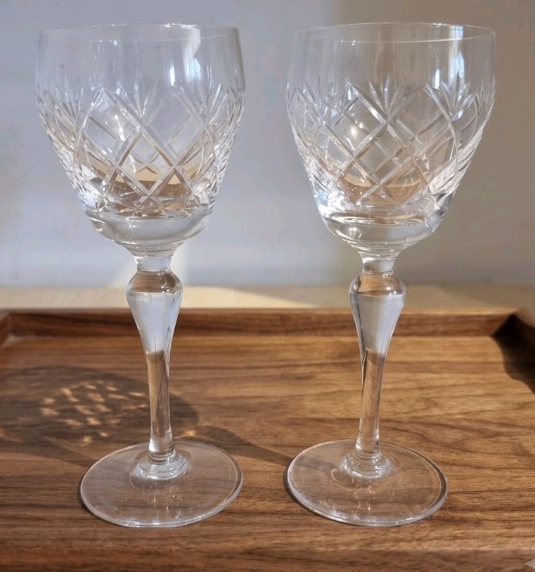 Vintage WHITEFRIARS Cut Crystal Wine Glasses - Pair - Diamond Pattern - 19cm