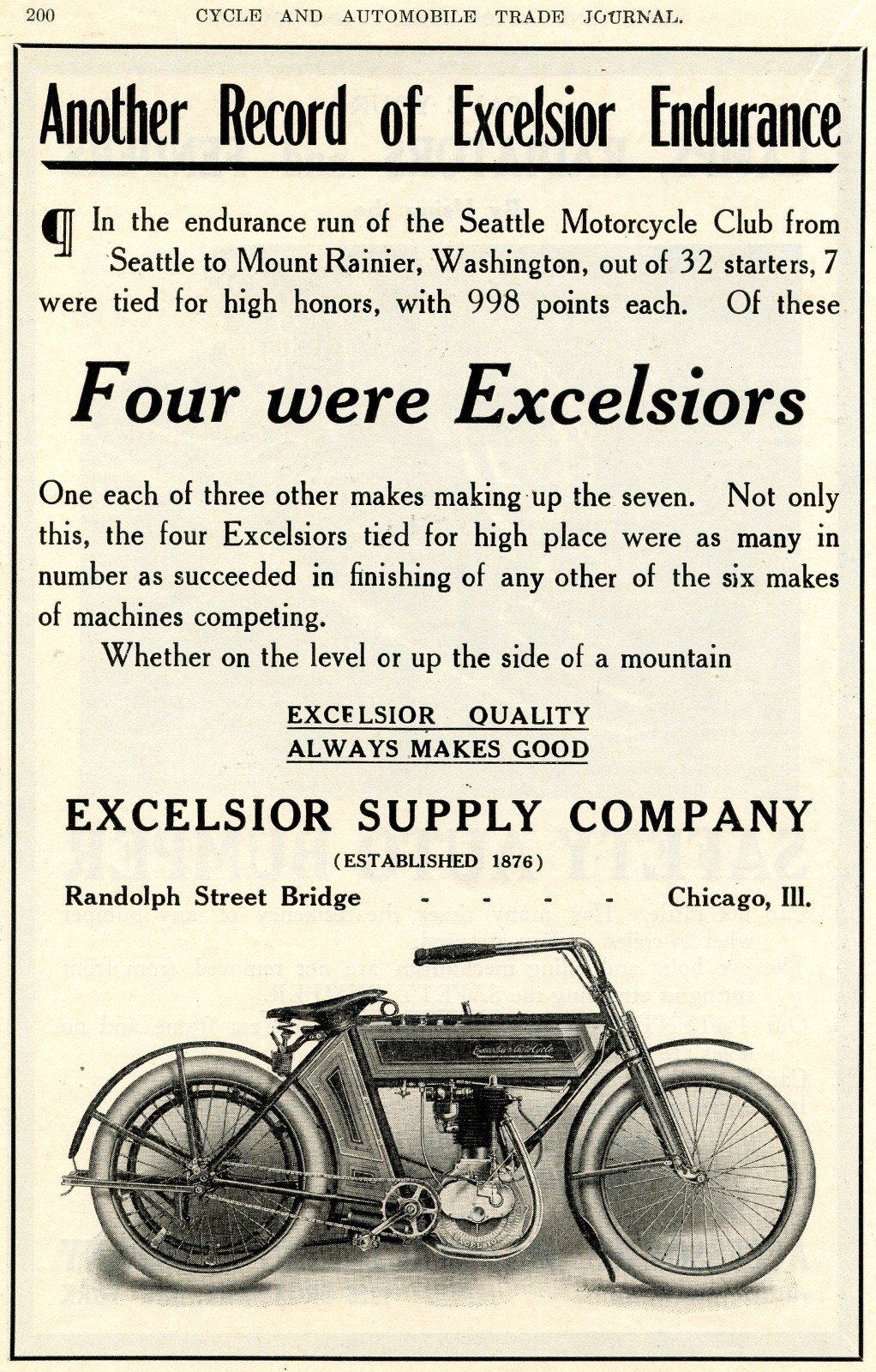 1910 EXCELSIOR MOTORCYCLE AD EXCELSIOR SUPPLY COMPANY CHICAGO