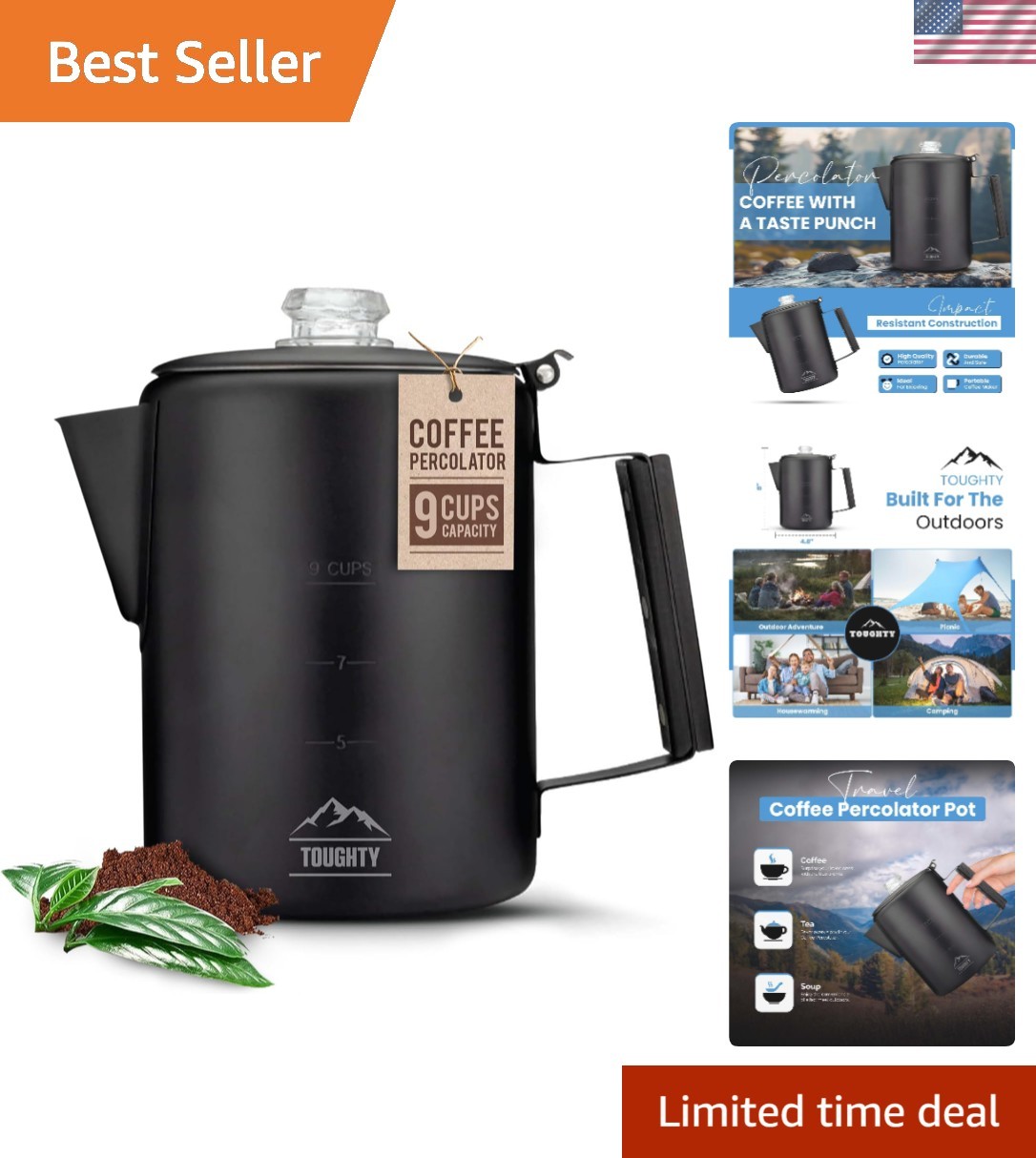 Versatile 9-Cup Percolator in Matte Black – Elegant Brewing for Home or Camping