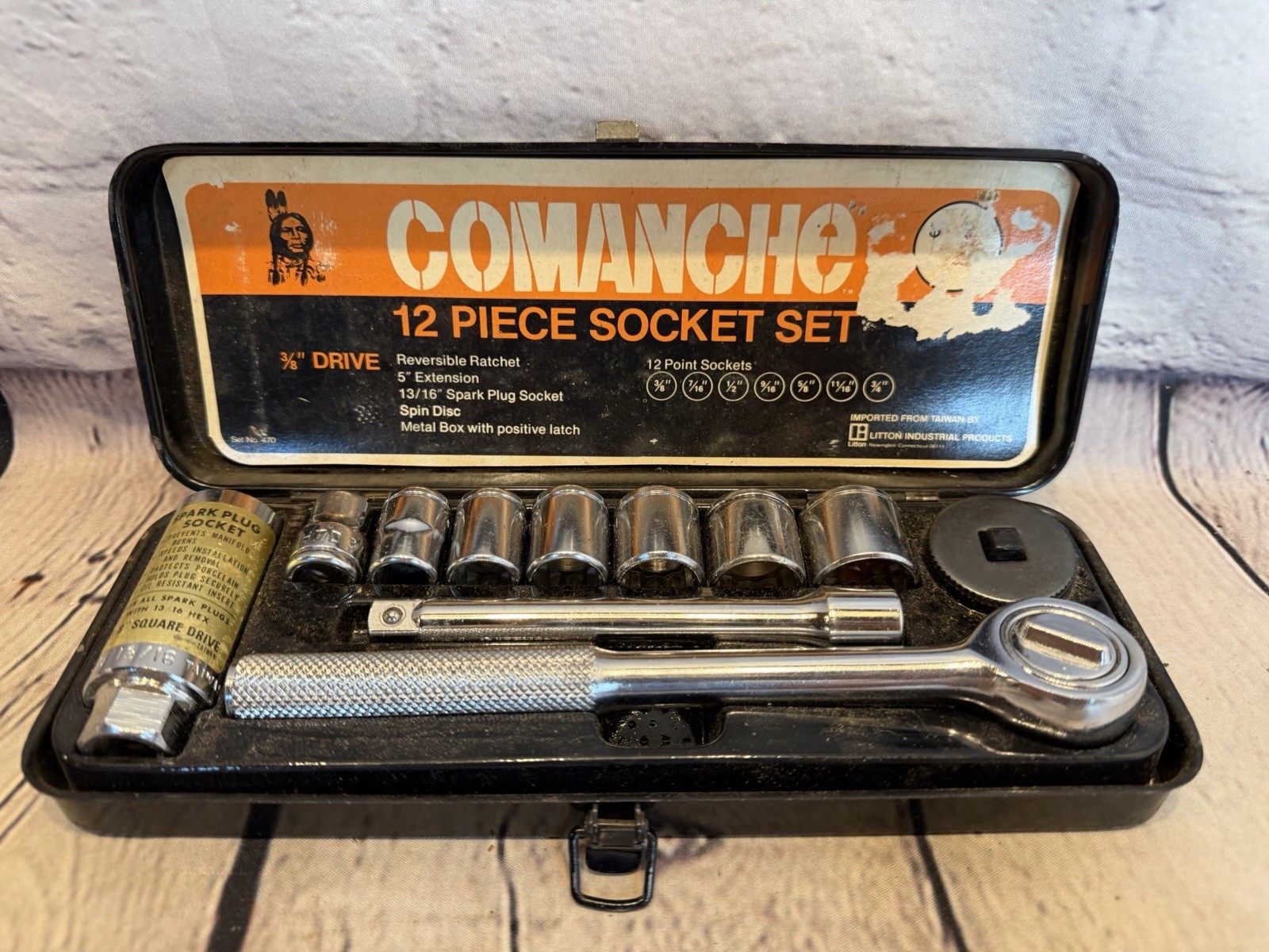 Vintage Comanche 12 Piece Socket Set Litton Taiwan Native American Indian Chief
