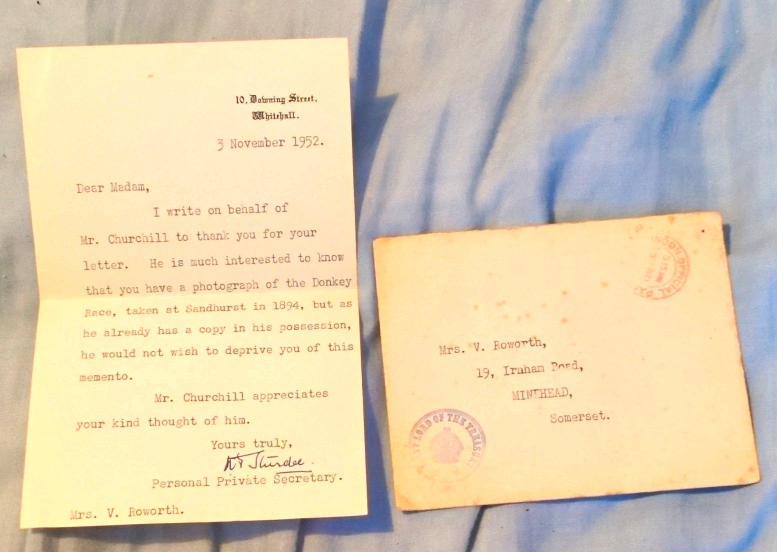 10 Downing Street Letter 3 Nov 1952 Signed Secretary Winston Churchill Letter 