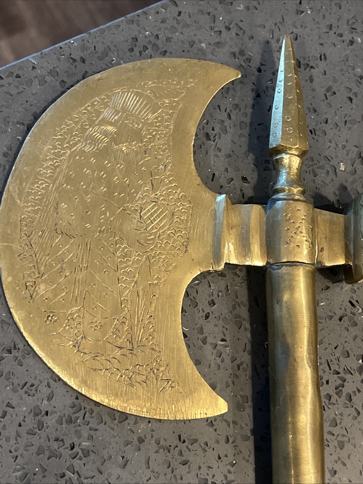 Pair Vintage Brass Ceremonial Battle Axes Polearms Hand Engraved