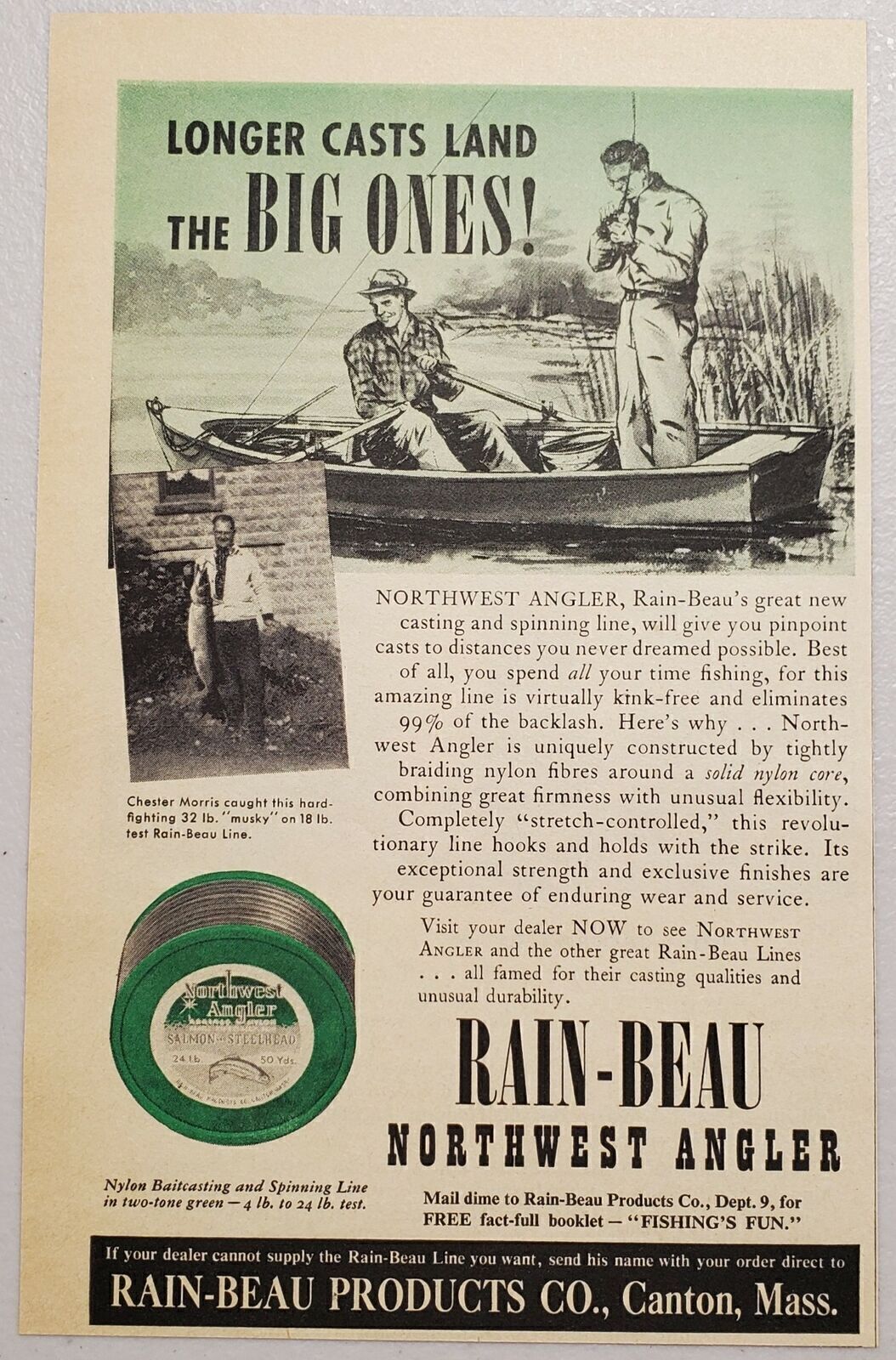 1951 Print Ad Rain-Beau Northwest Angler Fishing Line 32-lb Musky Canton,MA