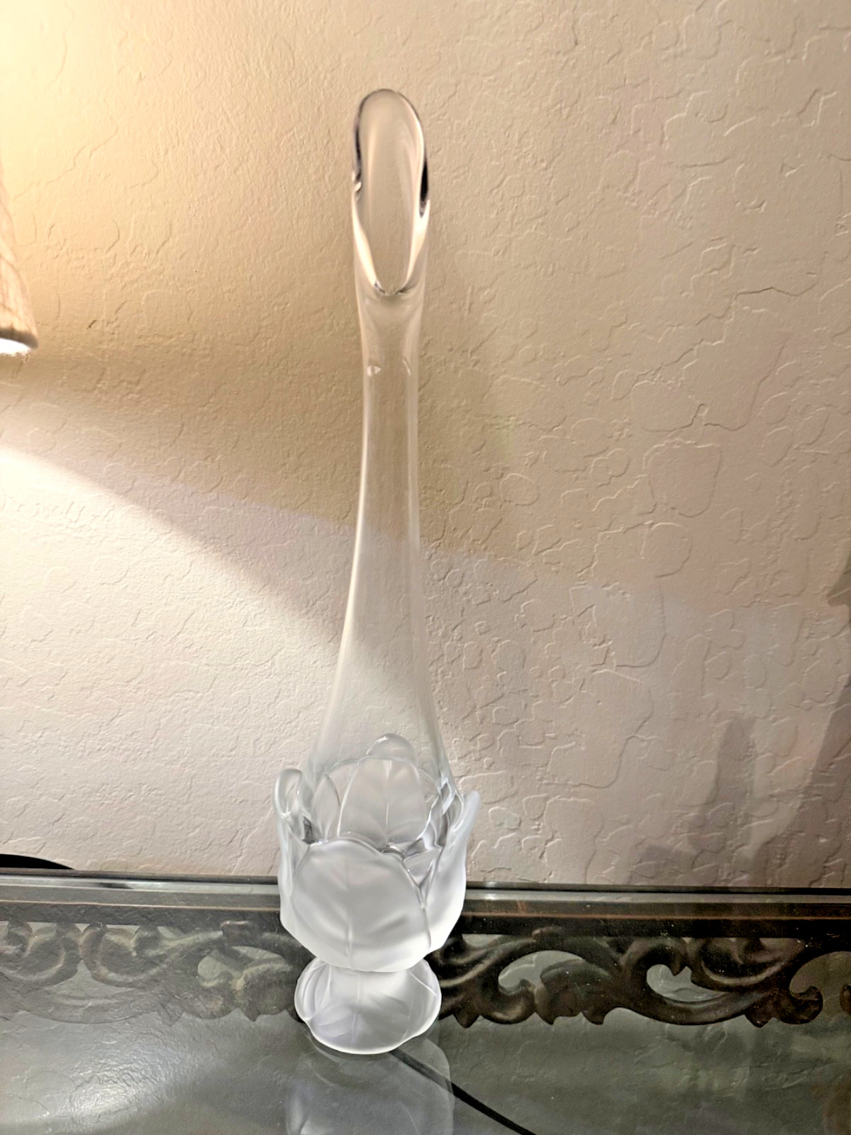 Vtg MCM Viking Glass Swung Vase Cabbage Leaf Clear Satin Footed Base 13.25\