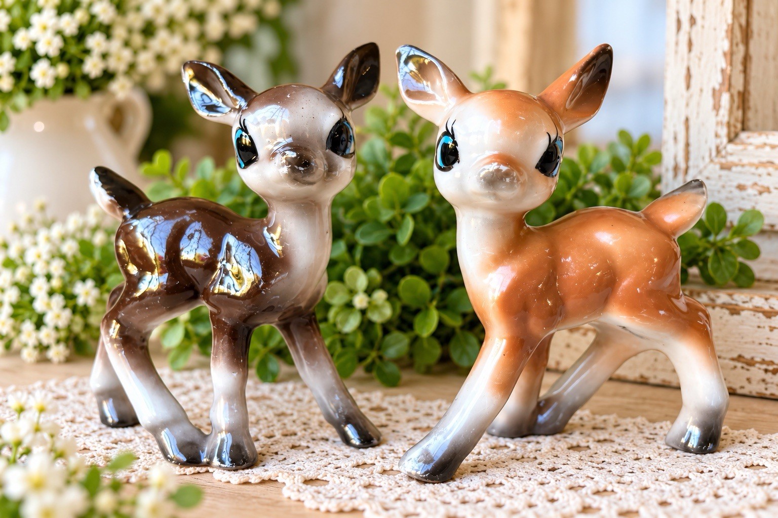 Vintage Japan Ceramic Deer Fawn Figurines Pair Blue Eyes MCM Kitsch 4”