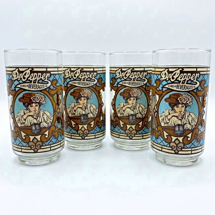 Vintage 1970’s Dr Pepper Glasses “King Of Beverages” Stained Glass Style