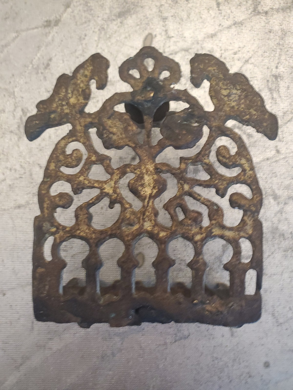 Antique Brass Judaica North African Hanging Chanukah Menorah, Openwork
