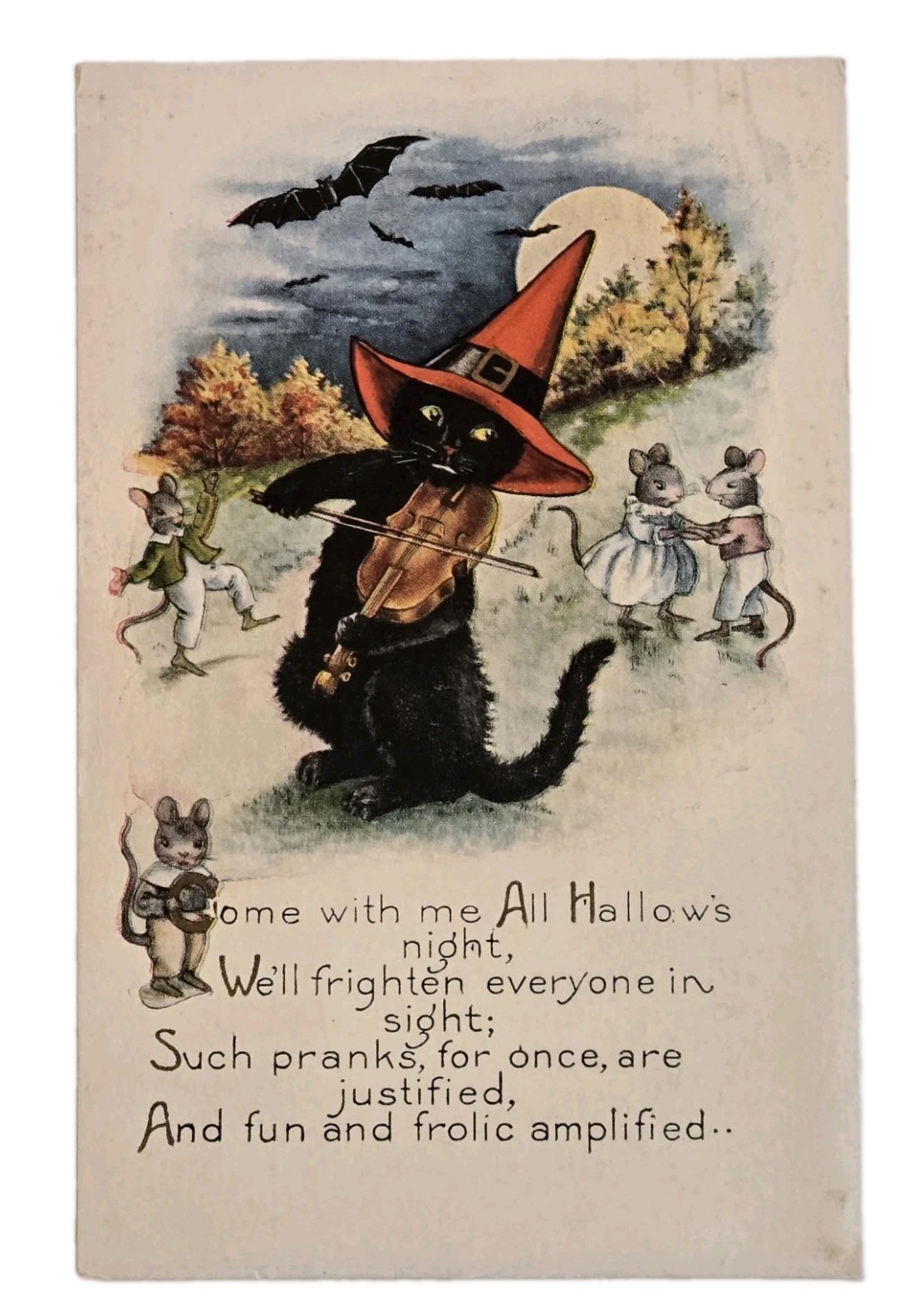 Vintage Whitney Halloween Postcard Black Cat Playing Violin Bats Mice 1924